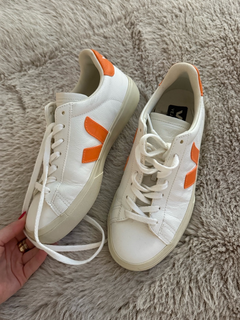 Veja Women’s White Sneakers with Orange V Logo